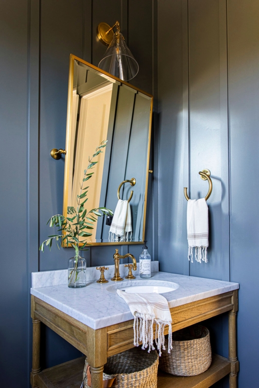 Bathroom Vanity Wood Open Shelf Marble Top Tilting Gold Mirror