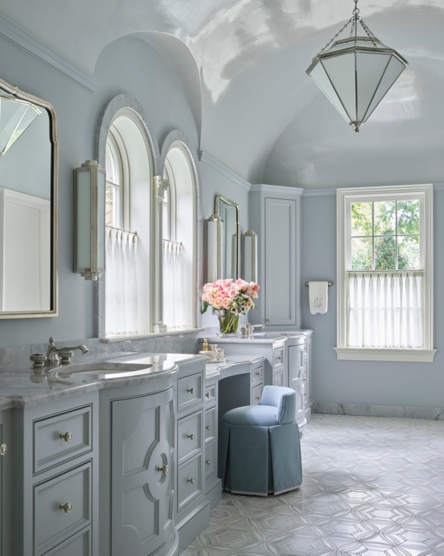 Bathroom with Arched Windows, Vaulted Ceiling and Geometric Floor