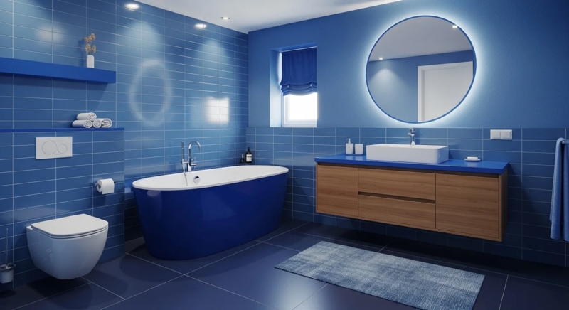 Bathroom with Backlit Round Mirror, Floating Vanity and Tub