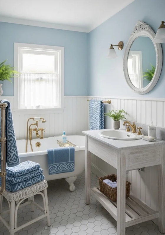 Bathroom with Beadboard Wainscoting, Clawfoot Tub and Gold Hardware