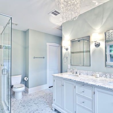 Bathroom with Crystal Chandelier, Marble Double Vanity and Mosaic Floor