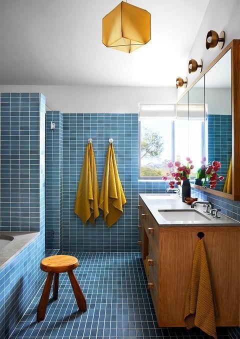 Bathroom with Grid Tiles, Wood Vanity and Mustard Accents