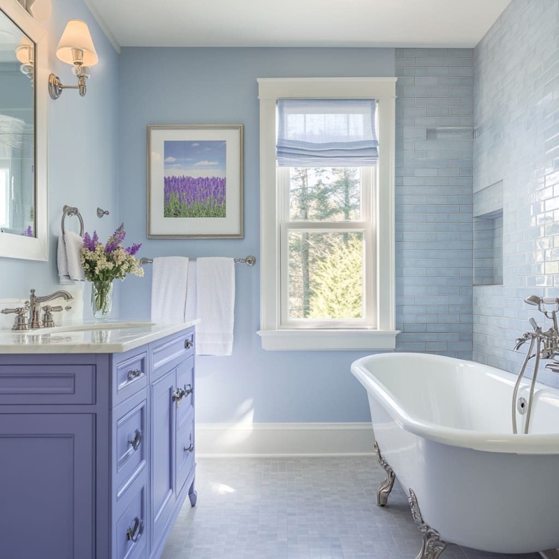 Bathroom with Lavender Vanity, Subway Tile and Clawfoot Tub
