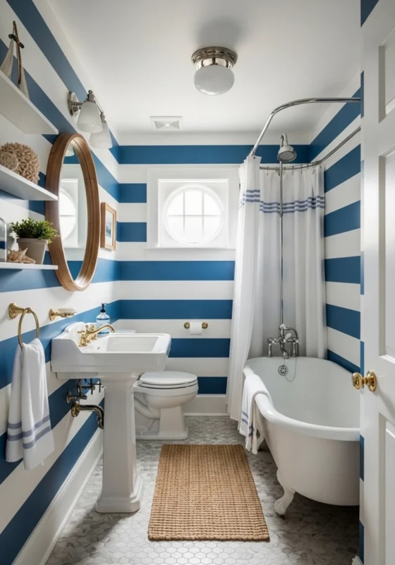 Bathroom with Nautical Horizontal Stripes, Porthole Window and Tub