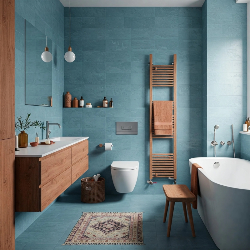 Bathroom with Tiled Walls, Wood-Toned Vanity and Ladder Towel Rack
