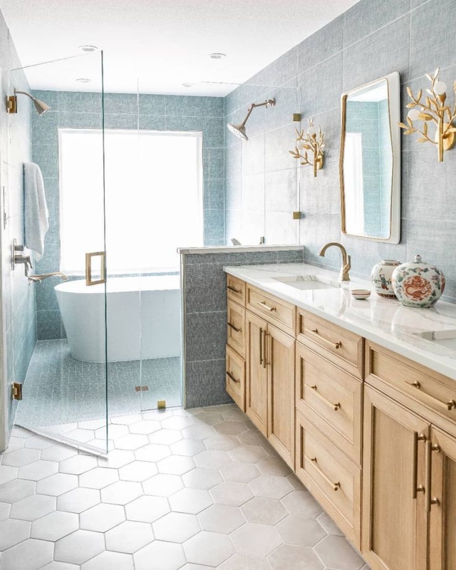 Bathroom with Wet-Room Tub Setup, Branch Sconces and Textured Tile
