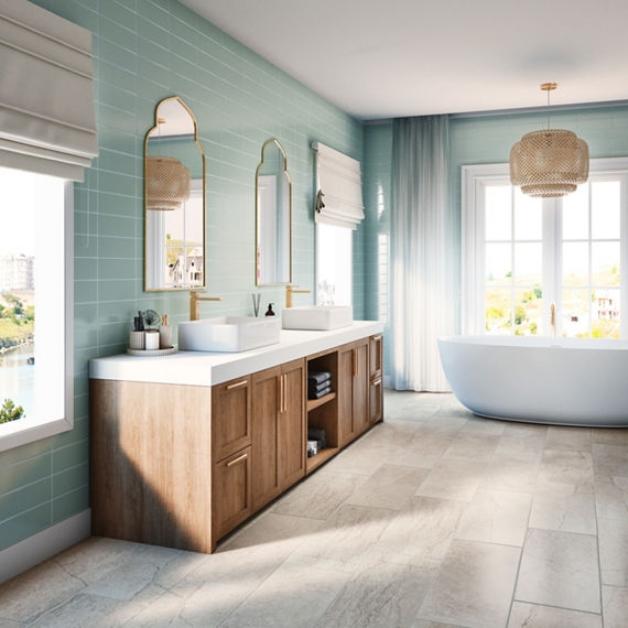 Bathroom with Wood Vanity, Subway Tile, Arched Mirrors and Tub