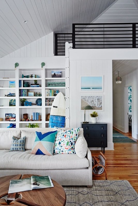 Beach House Living Room: Surfboard Focal Point and Vaulted Loft