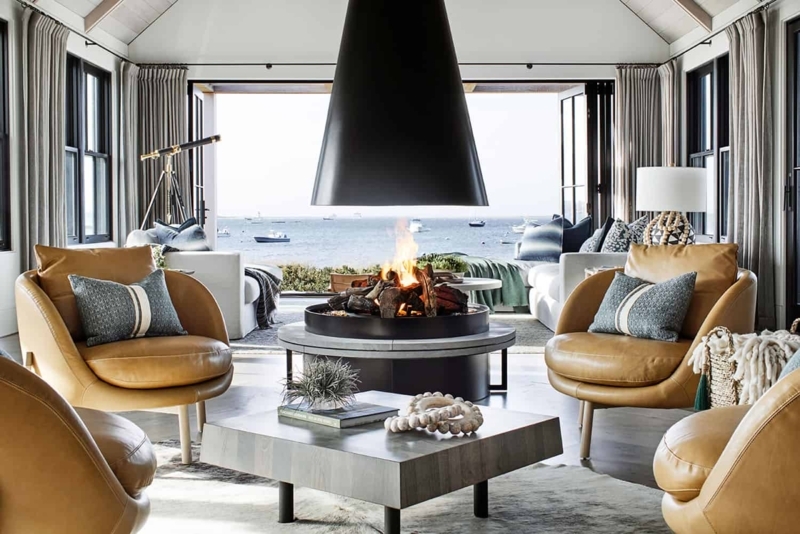 Beach House Living Room with Harbor View and Conical Fireplace