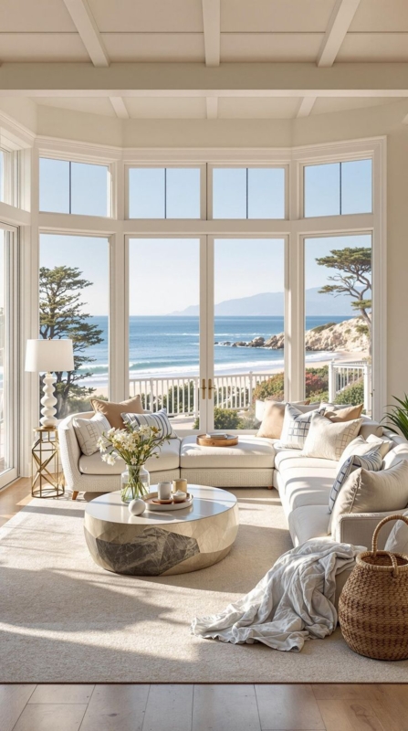 Beach House Lounge: Panoramic Ocean View & Faceted Stone Table
