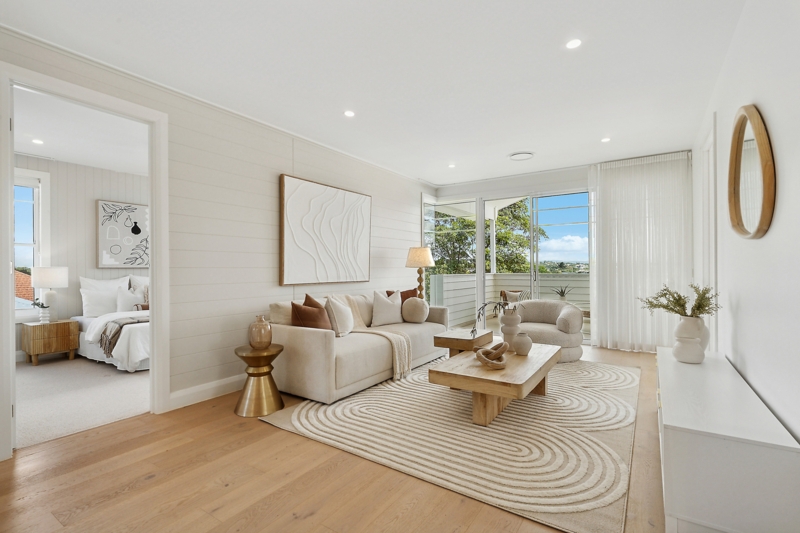 Beach Style Living Room Wavy Pattern Rug Nested Wood Tables