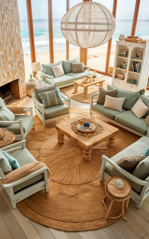 Beachfront Living Room with Large Circular Woven Rug