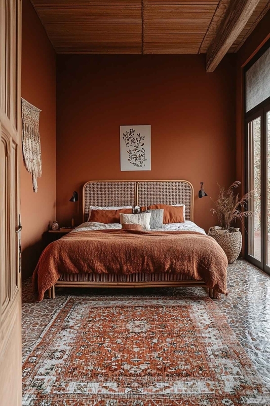 Bed Featuring Rattan Headboard and Rustic Wood Paneled Ceiling