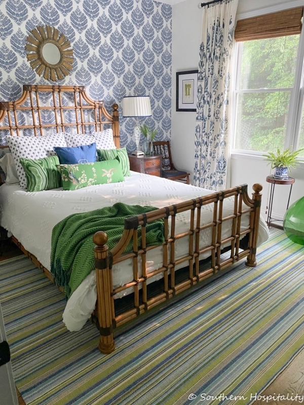 Bed Frame Bamboo Style Navy and Green Leaf Wallpaper Guest Room