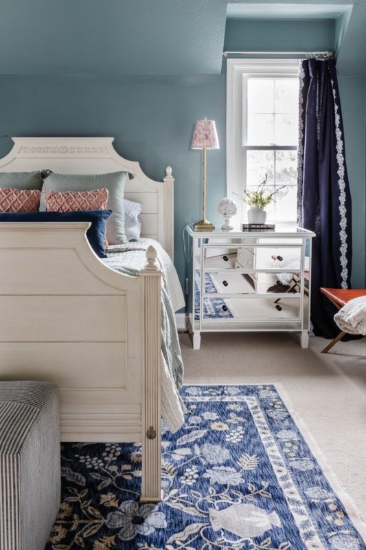 Bed Frame White Wooden Mirrored Nightstand Dusty Blue Walls Floral