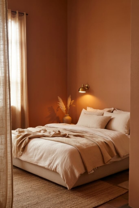 Bed Low Profile with Linen Bedding and Brass Wall Sconce Lighting