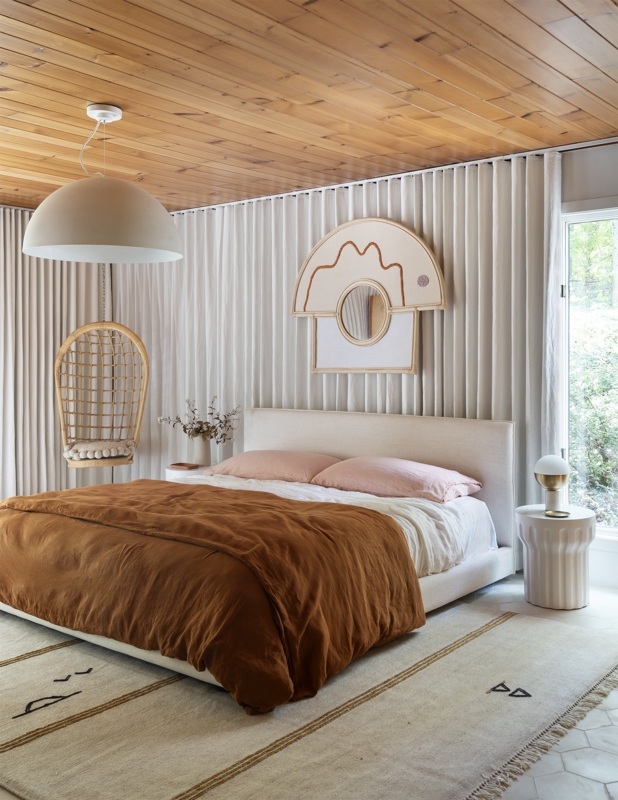 Bed Platform Style with Wood Slat Ceiling and Pleated Curtains
