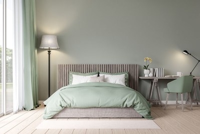Bed Ribbed Headboard with Integrated Workspace and Pleated Lamp