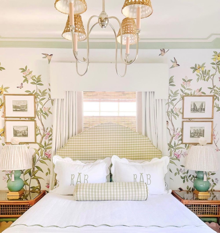 Bed Scalloped Gingham Headboard Bird Wallpaper Monogrammed Pillows
