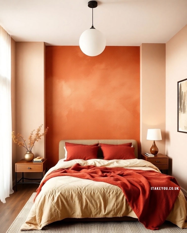 Bed Upholstered with Globe Pendant and Tonal Orange Bedding Scheme