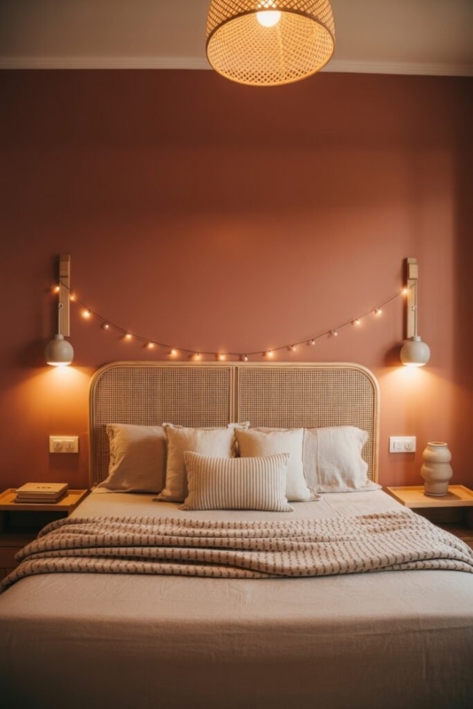 Bed with Cane Weave Headboard and Fairy Lights for Boho Styling