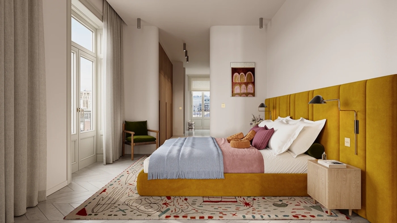 Bed with Mustard Yellow Channeled Headboard Design and Illustrative Rug