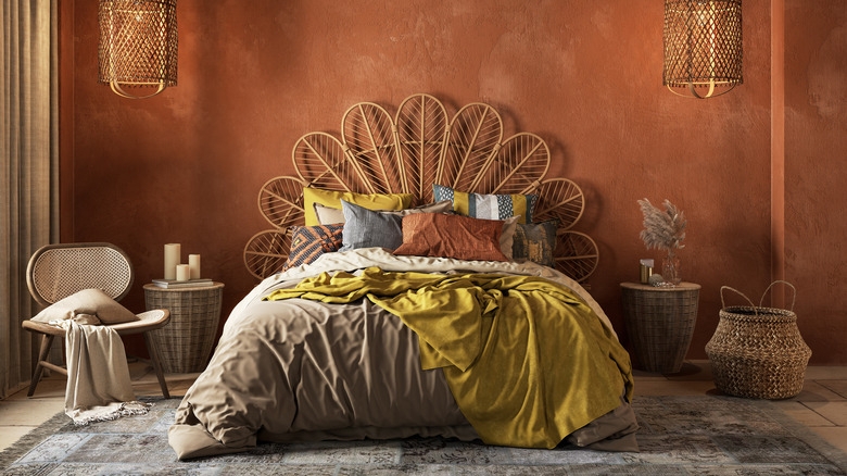 Bed with Rattan Peacock Headboard and Textured Wall