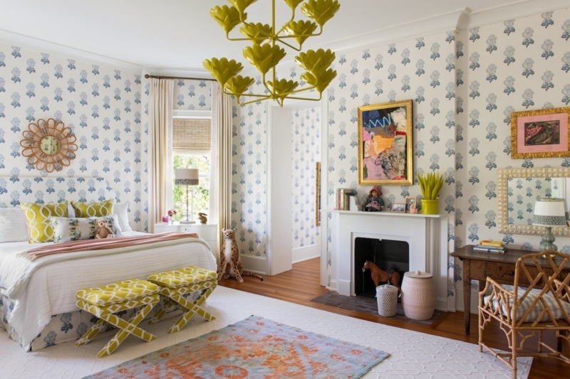 Bedroom Design Yellow Floral Chandelier Blue Wallpaper Layered Rugs