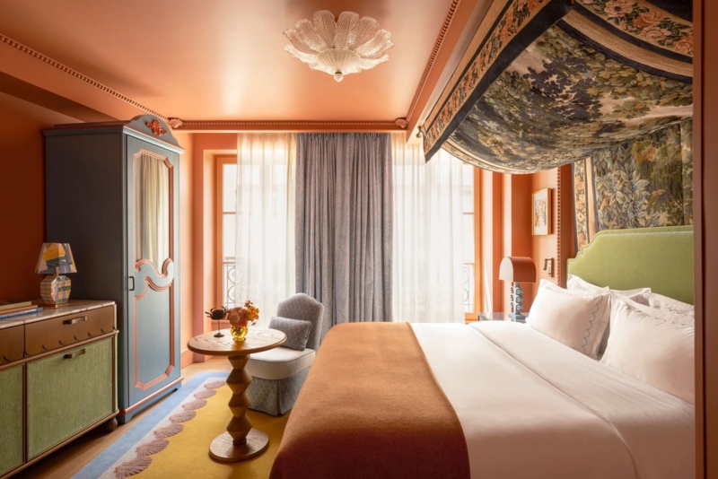Bedroom Eclectic Style with Tapestry Canopy and Scalloped Rug