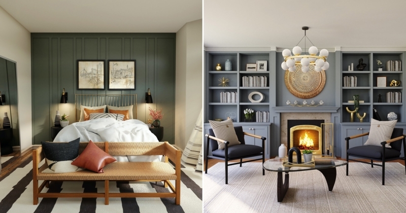 Bedroom & Living Room: Blue Built-Ins & Paneled Accent Wall