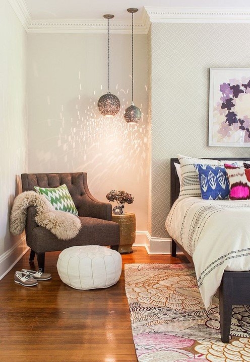 Bedroom Nook Design ideas with perforated pendant lights.