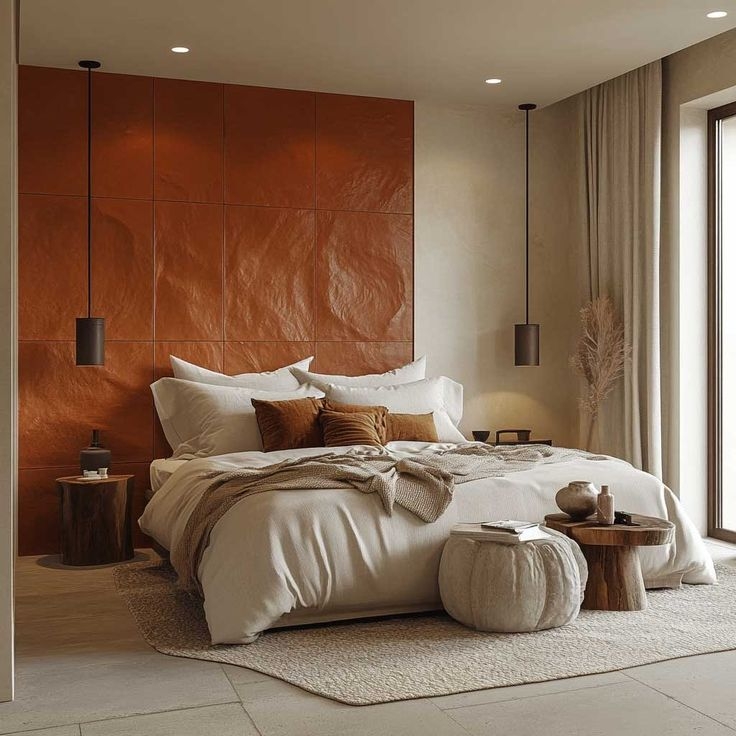 Bedroom with Rippled Wall Panels and Natural Stump Nightstands