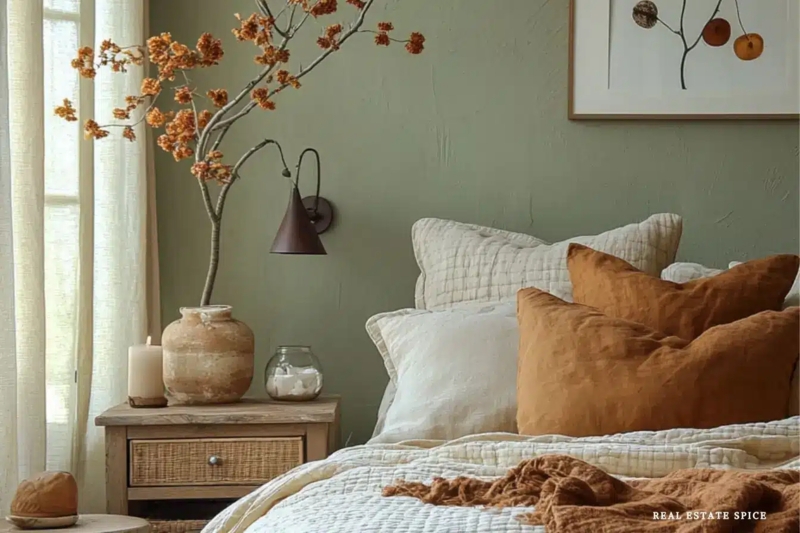 Bedroom with Sage Green Lime Wash Wall and Quilted Linen Bedding