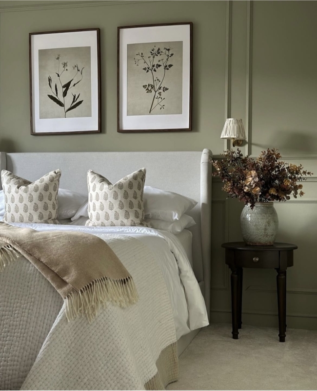 Bedroom with Sage Green Paneling and Botanical Gallery Wall Ideas