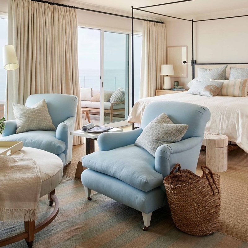 Bedroom with Sky Blue Upholstery and Canopy Bed Frame Coastal Design
