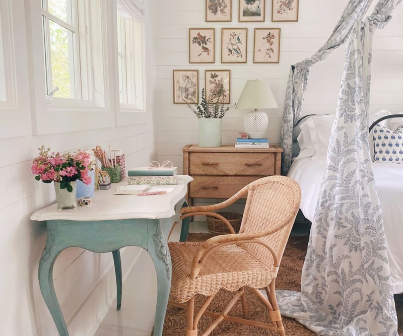 Bedroom Workspace Vintage Painted Desk Rattan Chair Floral Canopy