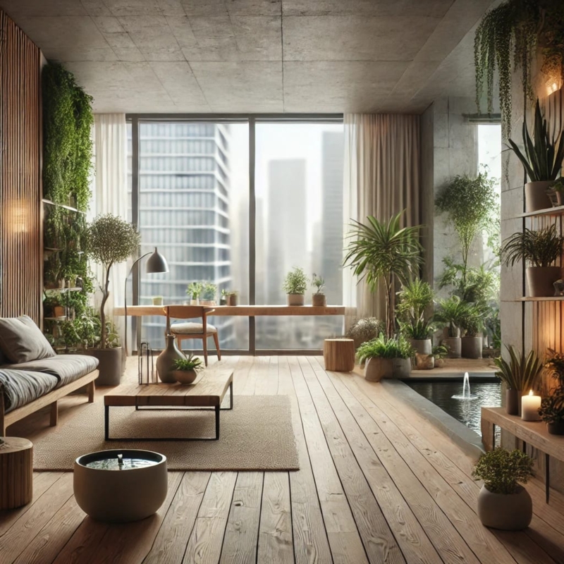 Biophilic Living Room with an In-Floor Water Feature