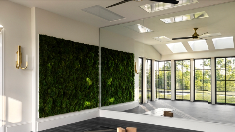 Biophilic Yoga Studio Design with Moss Wall, Skylights & Grid Windows