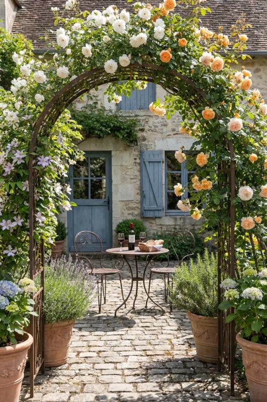Bistro Set under Climbing Rose Arch in French Country Courtyard