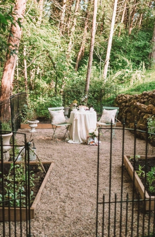 Bistro Set with Mint Green Folding Chairs & Gravel