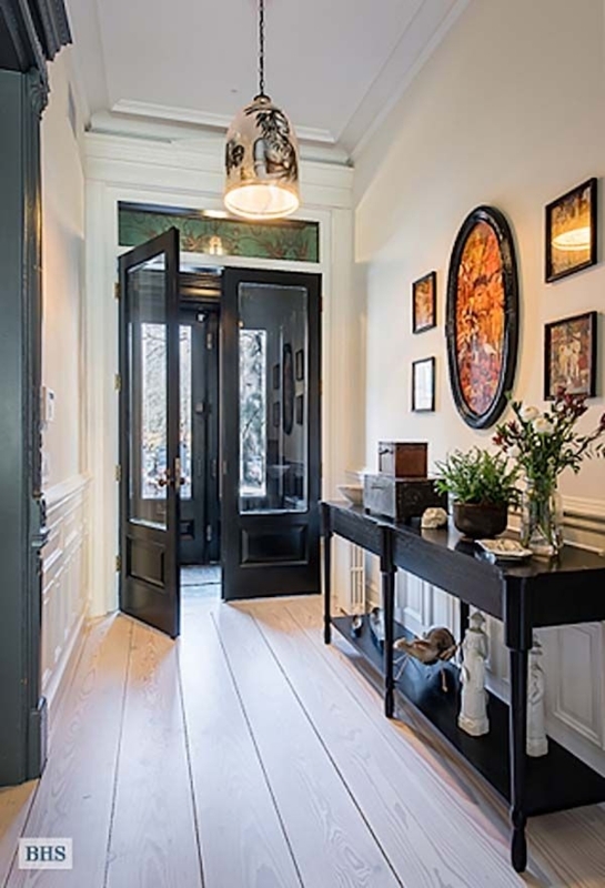 Black Entryway Double Doors With Transom Window In Narrow Hallway