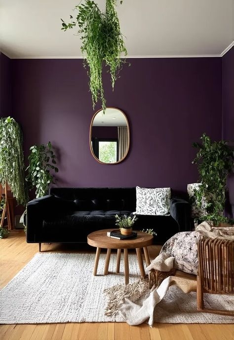 Black Velvet Sofa Styling with Lush Trailing Plants and Eggplant Walls