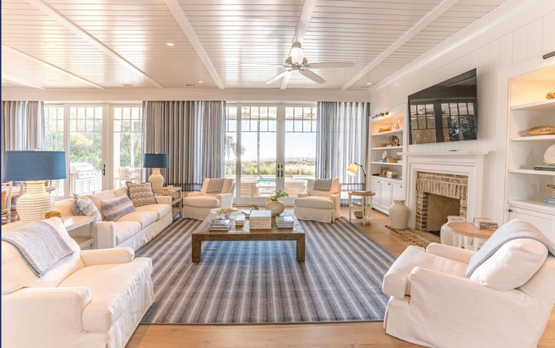 Blue and White Striped Area Rug in Modern Coastal Living Room