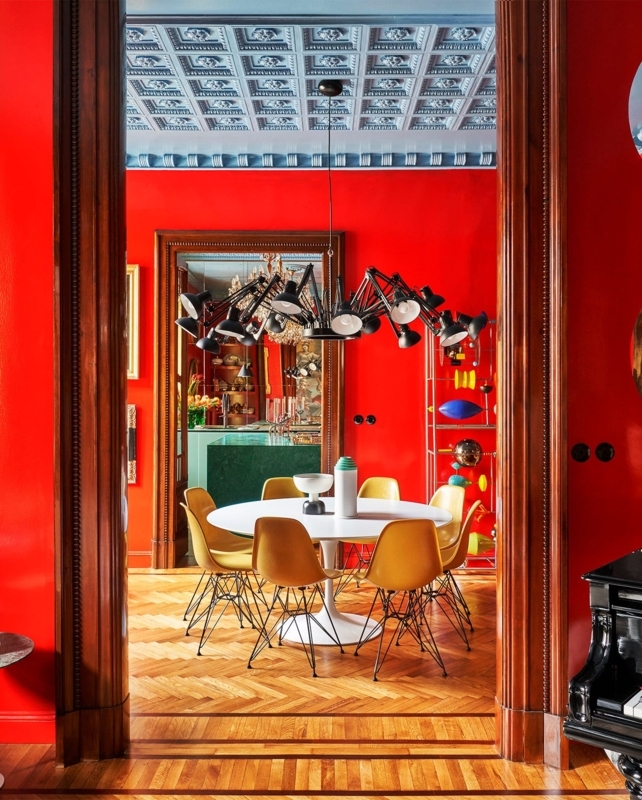 Blue Coffered Ceiling Design Ideas in Dining Room with Red Walls