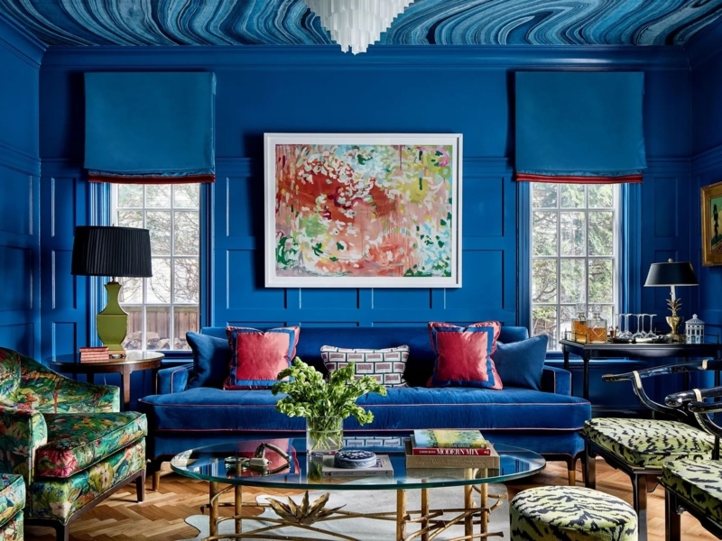 Blue Paneled Walls and Marbled Ceiling in Maximalist Design