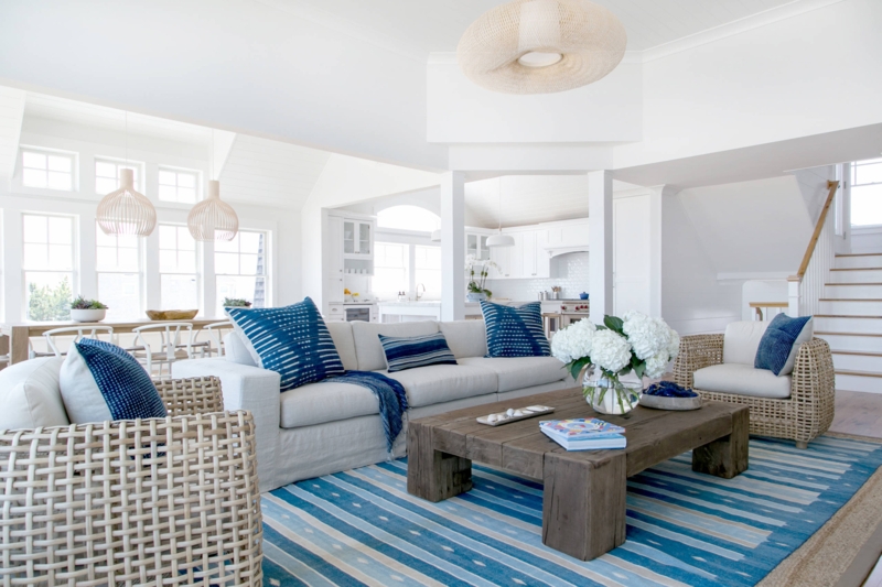 Blue Striped Area Rug in Coastal Living Room with Slipcovered Sofa