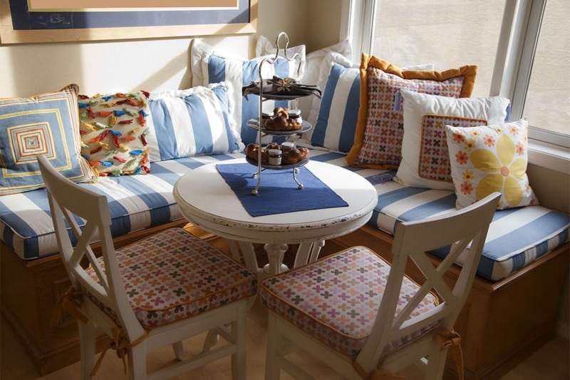 Blue Striped Banquette: Breakfast Nook Window Seating & Tiered Server