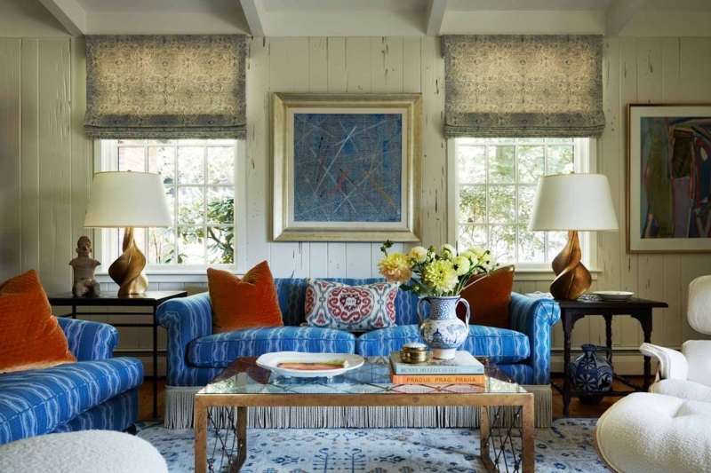 Blue Striped Sofa with Fringe Trim, Maximalist Living Room