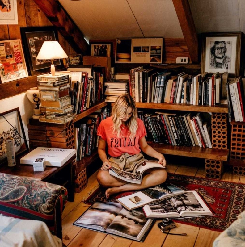 Bohemian Attic Reading Nook with Rustic DIY Brick Bookshelves