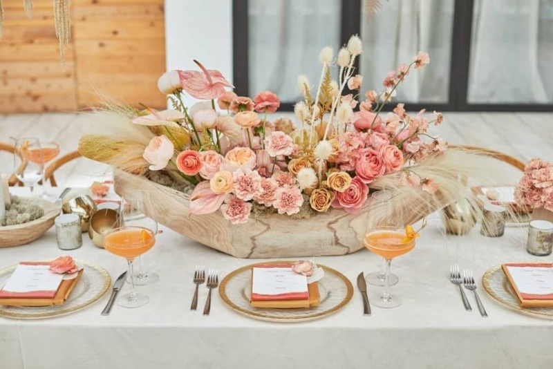 Bohemian Chic Tablescape Wooden Trough Centerpiece Peach Cocktails